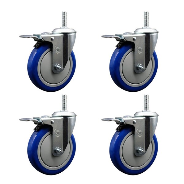 Service Caster 5 Inch Blue Polyurethane Swivel 58 Inch Threaded Stem Caster Set with Total Lock Brake SCC-TSTTL20S514-PPUB-BLUE-58212-4 - main